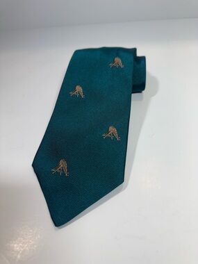Hermes Teal Silk Tie with embroidered tan giraffe Motifs